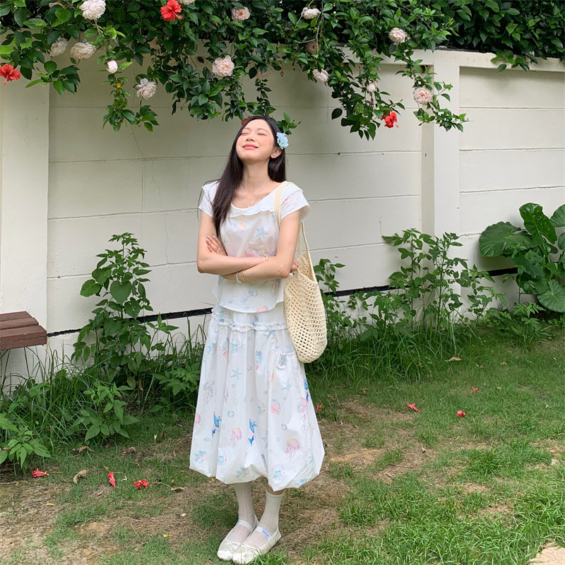 Real Shot # Today's Fantasy Sea Niche Age-Reducing Half-Length Skirt, Slanted Shoulder and Straight Shoulder Short Top, Two-Piece Suit