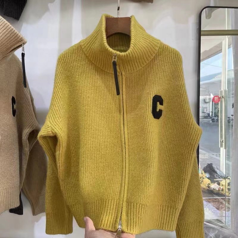 秋冬跨境新款女装拉链高领针织开衫韩版宽松纯色休闲毛衣外套潮