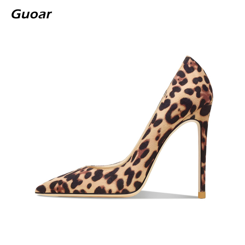 Guoar New Size 34-44 Pointed Leopard Suede 10cm Thin Heel Sexy Comfortable Women's Shoes