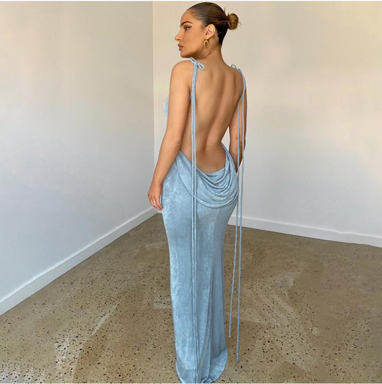 193g Weight Maxi Long Dress Dress Length Type Wholesale Women'S Sexy Backless Solid Color Party Halter Neck Sleeveless Bodycon Dress