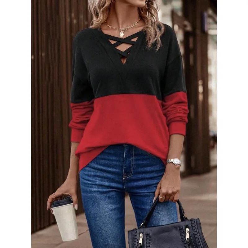 Plus-Size Fashion Asymmetrical Neckline Stylish Simple Color-Blocked Cross-Front Drop-Shoulder Top Plus-Size Fashion Asymmetrical Neckline Stylish Simple Color-Blocked Cross-Front Drop-Shoulder Top