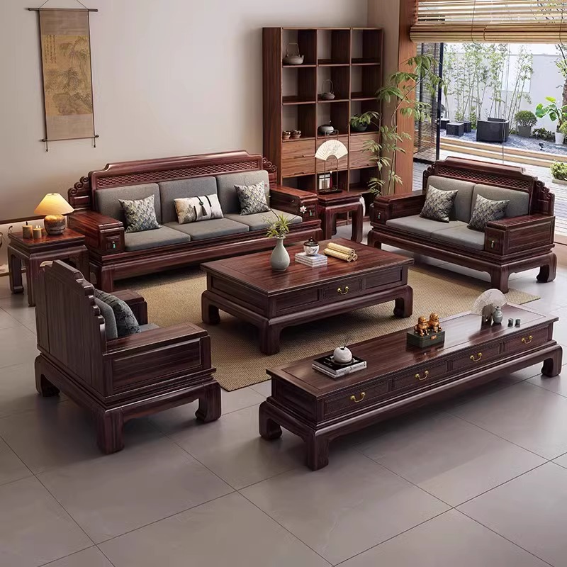 New Chinese Style Ebony Solid Wood Sofa Combination for Winter and Summer, High-End Living Room Chinese Style Storage Corner Chaise Longue