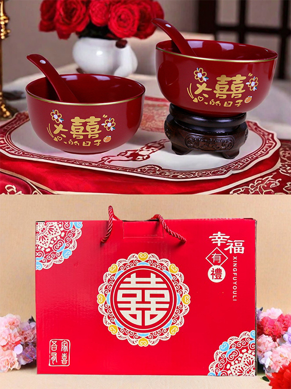 結婚式の陶器のウェディングボウル新郎新婦の贈り物ティーカップ赤いボウルと箸とスプーンセット結婚式のウェディング用品|undefined
