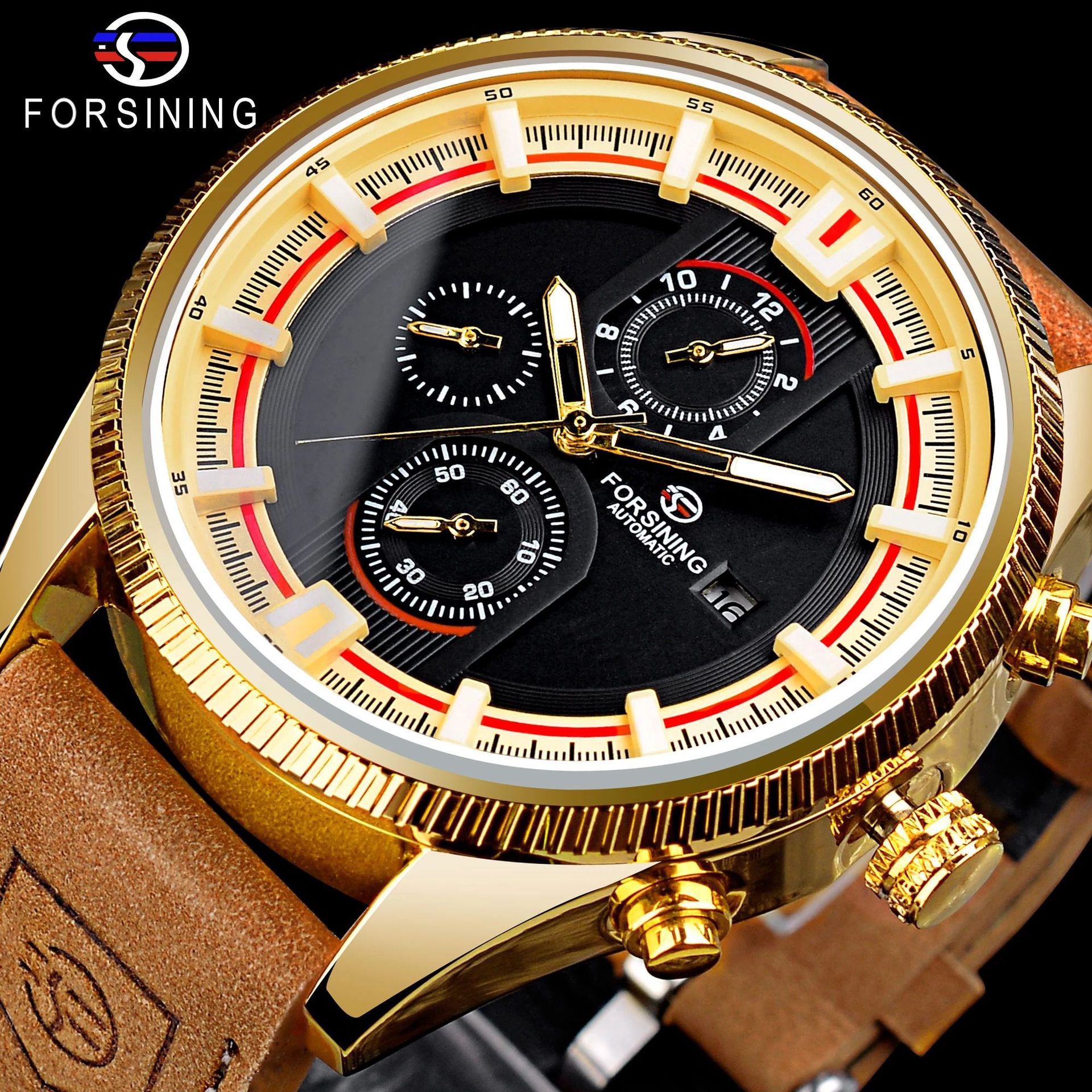 Forsining estilo europeo y americano multi-funcional casual hombres reloj mecánico automático moda deportes motocicleta reloj