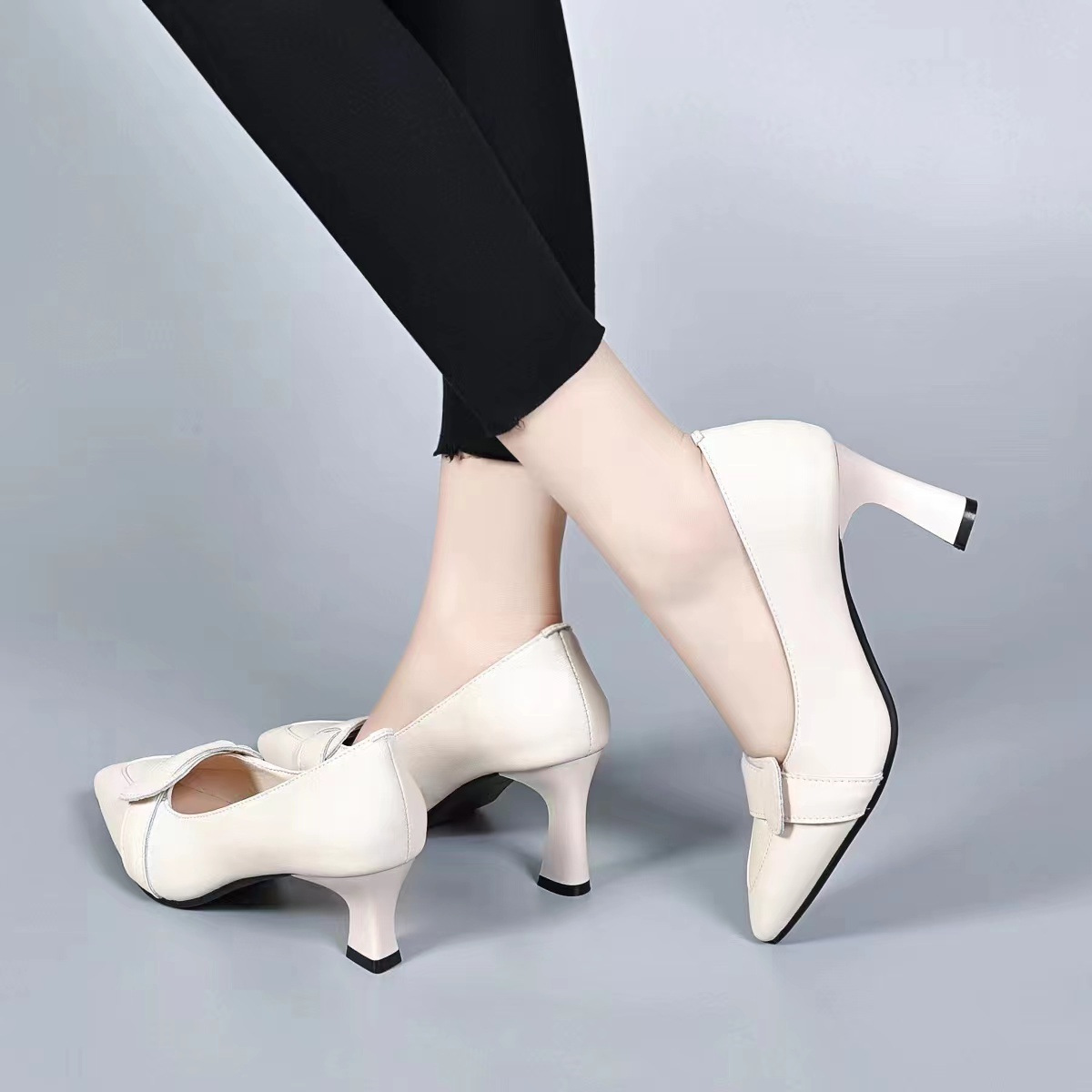 Giày cao gót nữ mũi nhọn da thật gót 7 cm đế mềm công sở — Màu đen (Chiều cao gót 7 cm) chi tiết 3