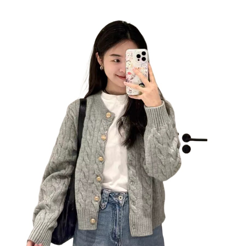 灰色麻花毛衣外套女春秋季2025新款感慵懒风短款针织开衫上衣|undefined
