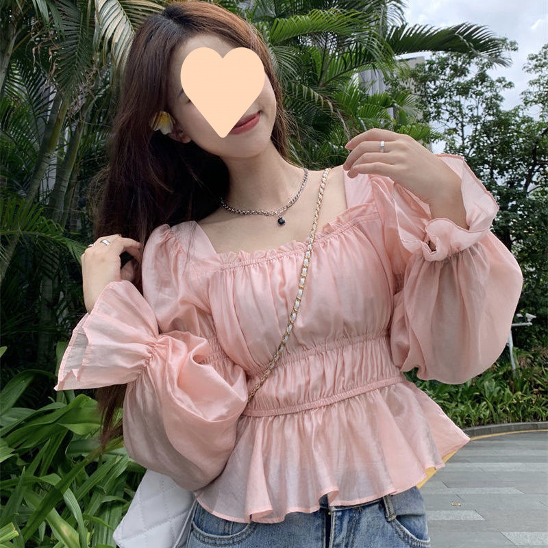 프랑스 스타일 우아한 트럼펫 소매 셔츠 여성의 가을 2024 새로운 달콤한 스퀘어 칼라 슬리밍 슬림 핏 긴 소매 탑