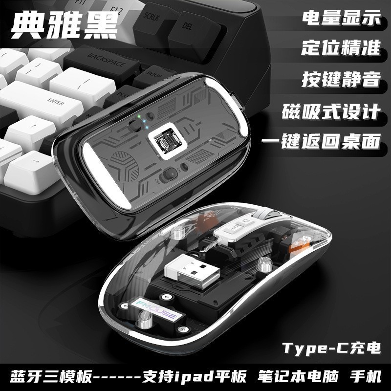 Ratón inalámbrico Bluetooth transparente y luminoso de tres modos, adecuado para teléfonos móviles, iPads, tabletas, ratón elegante y silencioso