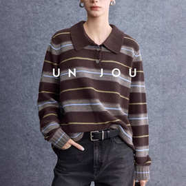 松弛老钱_时髦撞色条纹蓬松温暖羊绒羊毛POLO翻领长袖针织衫