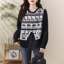 2025秋季新款重工设计感时尚减龄百搭圆领长袖洋气假两件小衫