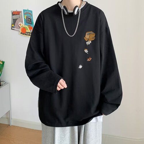 Wow, fast return long sleeve T-shirt for men, spring and autumn season printed boys loose round neck inner shirt, men's base layer top