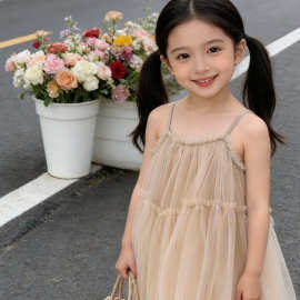 女童夏季温柔风奶杏色2026新款女宝宝生日氛围感蓬蓬吊带裙