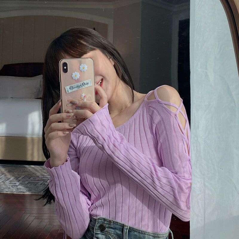 Slim-Fit Knitted Top with Shoulder Straps for Women, Spring Thin Style, Discreet and Sexy Long-Sleeved Versatile Knitted Top