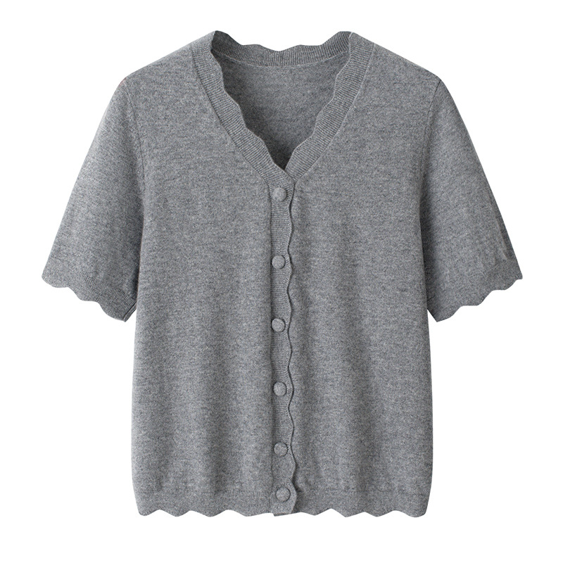 冬季正肩V领纯山羊绒时尚休闲开衫 12针平纹女士花边包扣针织半袖