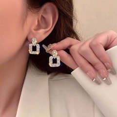 S925银针法式复古短剧爆款几何方形闪钻耳钉女韩国个性简约气质耳