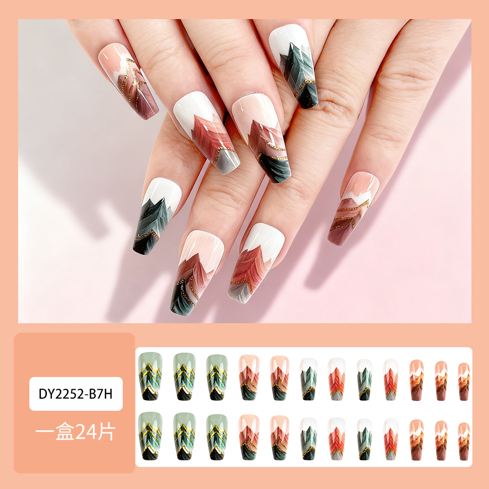 Comercio exterior paisaje polvo de brillo desgaste de uñas nuevas ventas de estilo chino de uñas 24 piezas de uñas falsas transfronterizas al por mayor