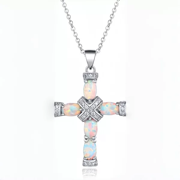 New Design White Imitation Opal Cross Pendant Necklace for Women Silver Jewelry