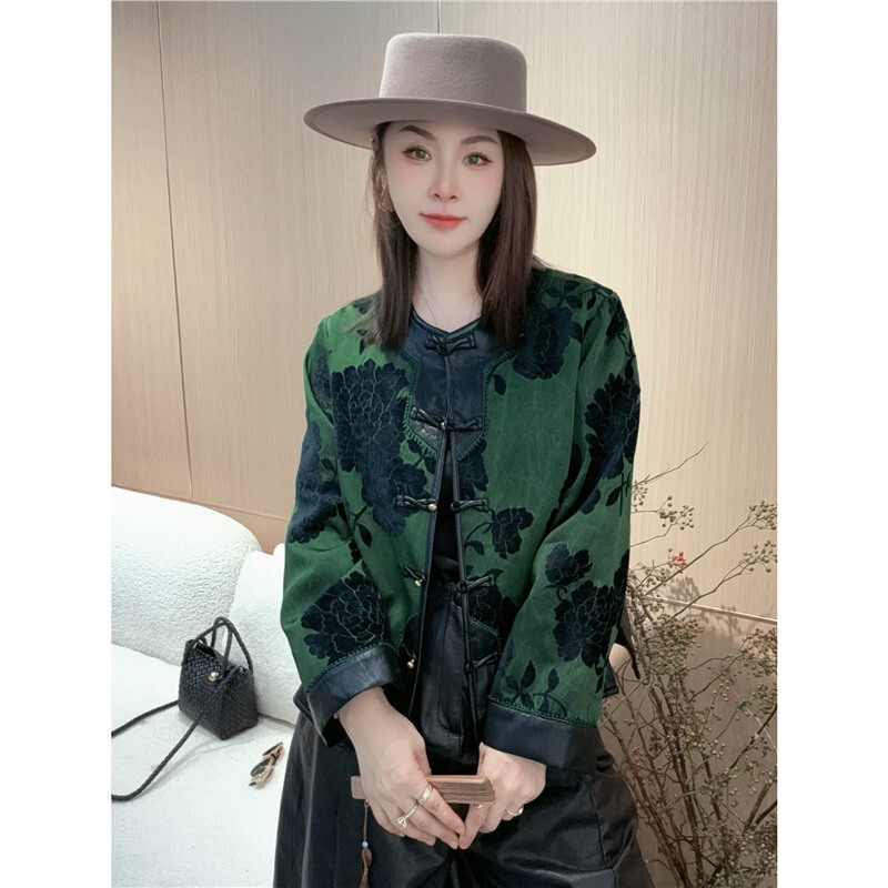 新中式国风提花盘扣外套女2025秋季新款复古PU皮拼接百搭显瘦上衣|undefined