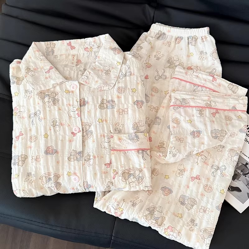 睡衣女款春秋季超火万格兔宝宝可爱长袖家居服纯棉纱布卡通两件套