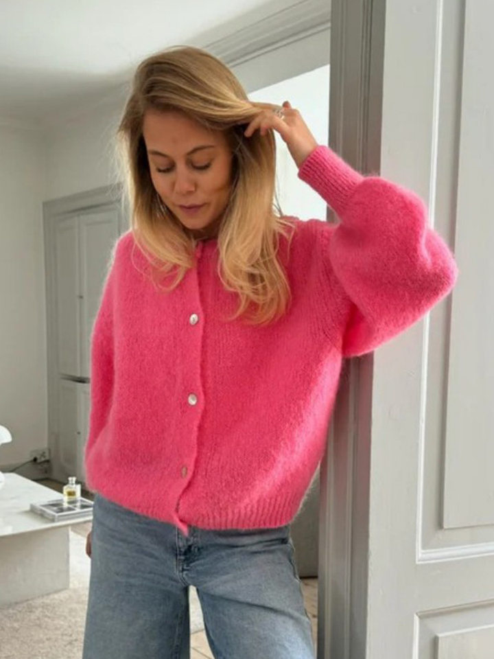 Áo cardigan len dệt kim dáng mỏng nhẹ cài nút một hàng, tay dài cổ tròn nữ — hoa hồng đỏ, màu be, màu cam, màu hoa cà chi tiết 24