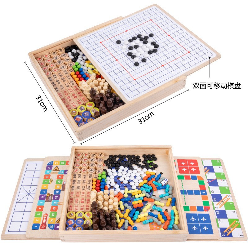 De madera todo-en-uno damas volando ajedrez gobang bestia juego de ajedrez multifunción ajedrez niños estudiante juguetes educativos