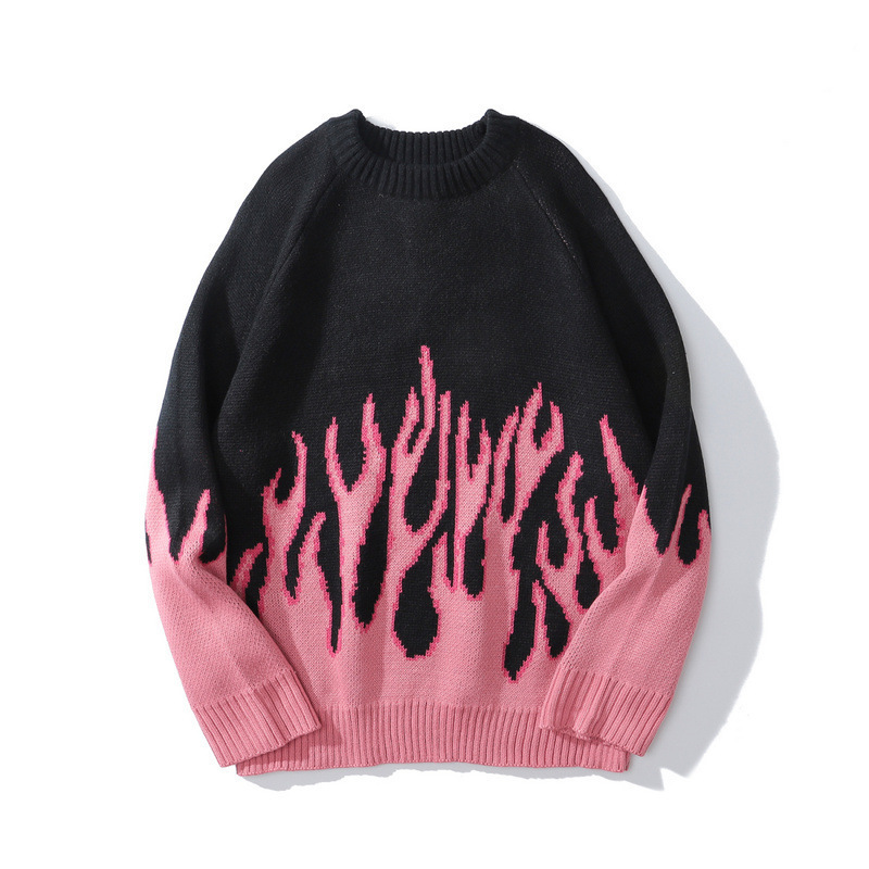 Suéter cálido par desgaste llama ins japonés suelta hip hop High Street cuello redondo suéter de manga larga hombres y mujeres
