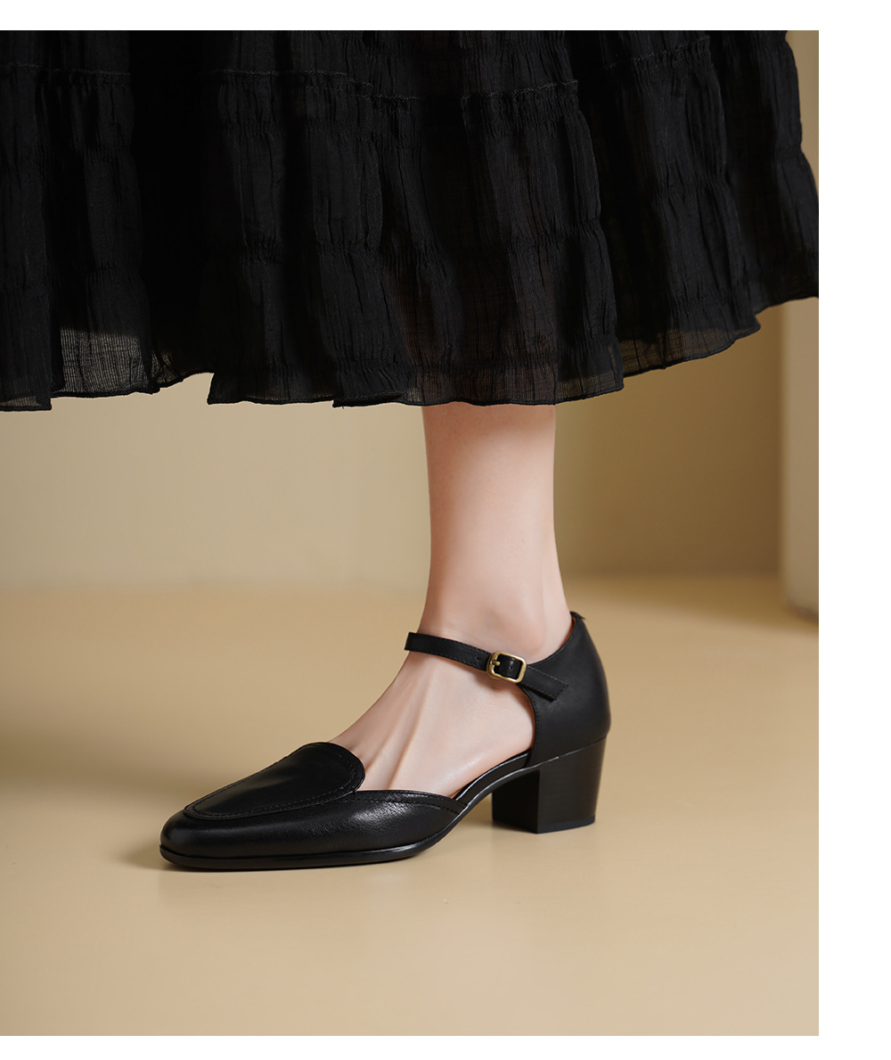 Giày sandal cao gót nữ quai ngang mũi vuông gót 5 cm kiểu Mary Jane — đen chi tiết 8