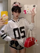 韩国代购男装WELLDONE高街潮流薄款学院风V领数字队服网眼长袖T恤