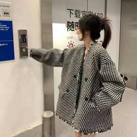 格子双排扣小香风外套女新款秋冬款外穿气质宽松学生百搭显瘦大衣
