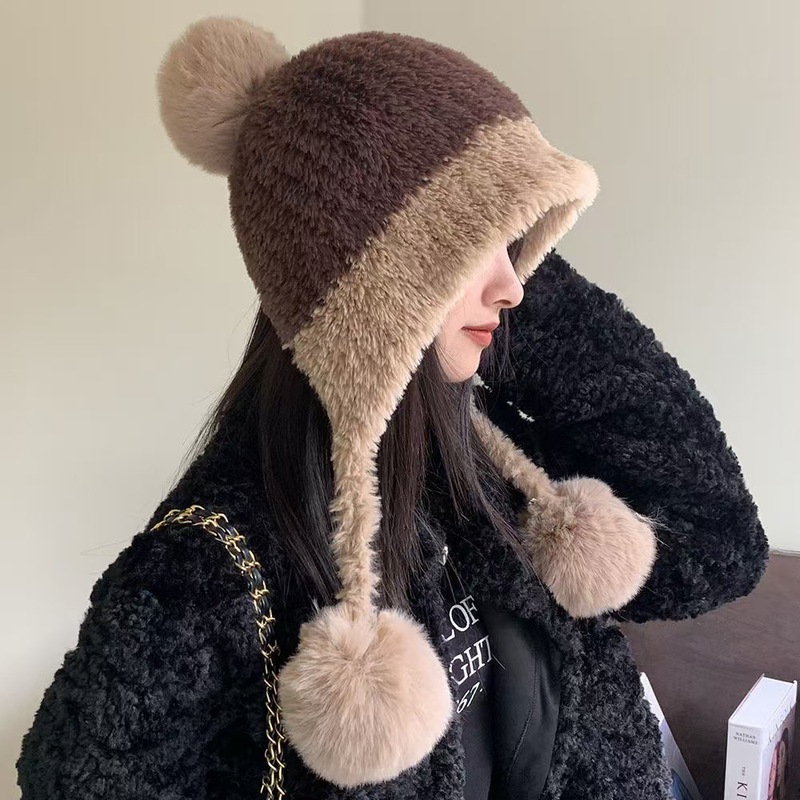 冬季防寒帽大头围毛绒挂球可爱护耳帽子女遮耳加绒加厚拼色针织帽|undefined