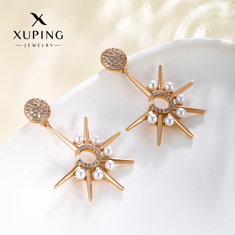 Joyas Xuping chapado 18K imitación de perlas erizo de mar pendientes de diamantes en forma de C pendientes de diseño creativo de flores de sol pendientes para mujeres