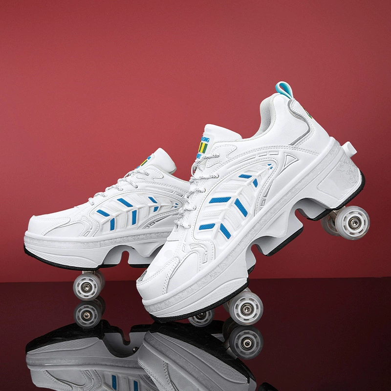Transformable four‑wheel roller shoes, breathable mesh, unisex, sizes 33–43