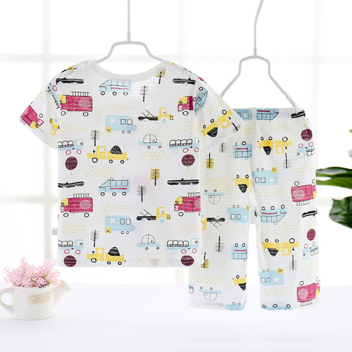 Children's summer pure cotton short-sleeved home clothes for boys and girls, thin suits for small and medium-sized children, breathable pajamas, air-conditioned clothing