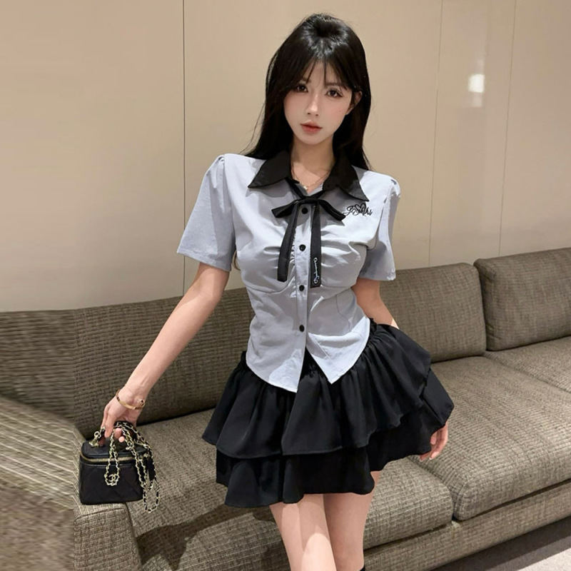 18YX2569欧米2025国境を越えた対外貿易韓系JK制服ギャルは腰刺繍上着ケーキスカートセットを収めた|undefined