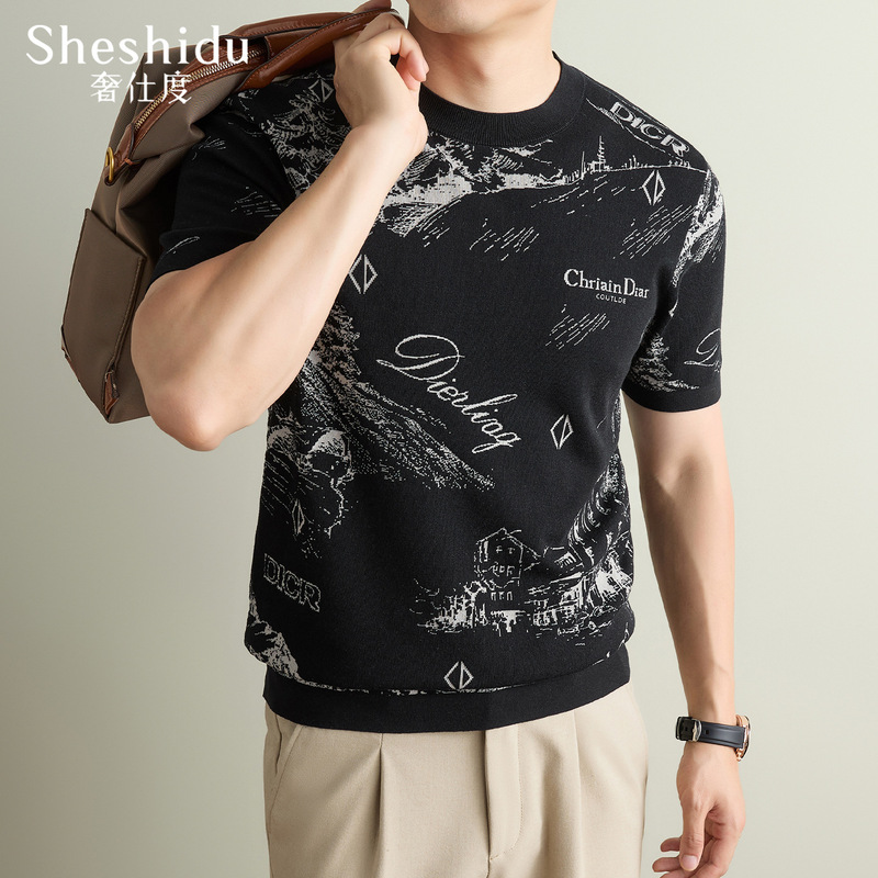 2026 New Men's Silk Short-Sleeve Knit Shirt, Round Neck, Spring and Autumn Half-Sleeve Silk T-Shirt, Middle-Aged Floral Pattern Top 2026 New Men's Silk Short-Sleeve Knit Shirt, Round Neck, Spring and Autumn Half-Sleeve Silk T-Shirt, Middle-Aged Floral Pattern Top