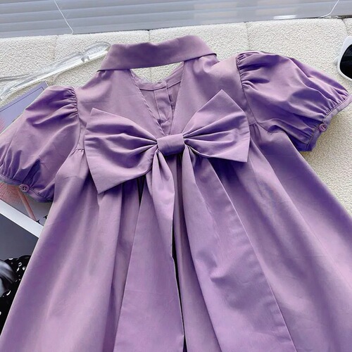 Women's Dress with Bubble Sleeve, Summer Style, Trendy 2024 New Design for Middle and Older Children, Polo Collar Casual Skirt