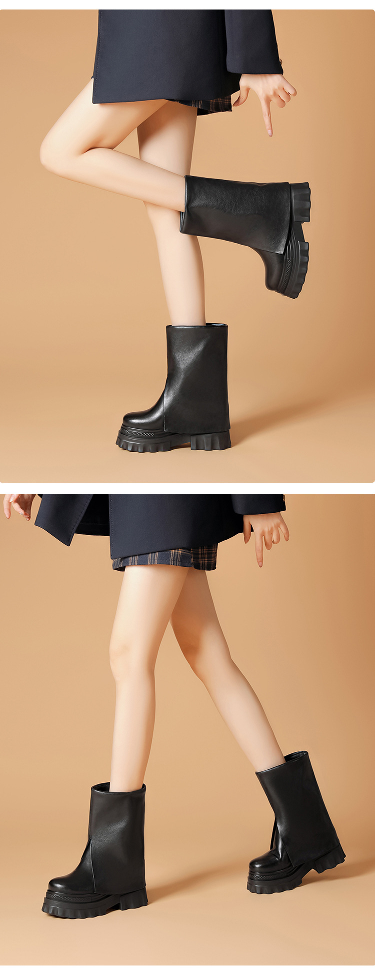 Boot nữ cổ cao ôm bắp chân đế xuồng cao 10 cm lót nhung ấm — Lót nhung đen chi tiết 4