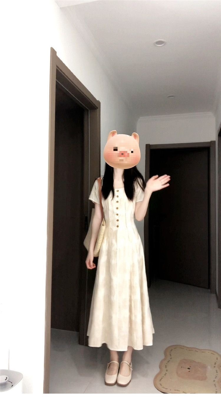 Đầm suông midi cổ vuông họa tiết hoa nhí phong cách Pháp, tay ngắn, thắt eo tạo dáng thon gọn — màu mơ chi tiết 9