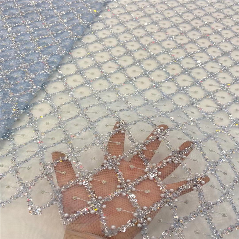 Clásico diamante malla arroz cuentas lentejuelas cuentas bordadas tubo lentejuelas bordado tela vestido falda encaje Malla tela JX2994
