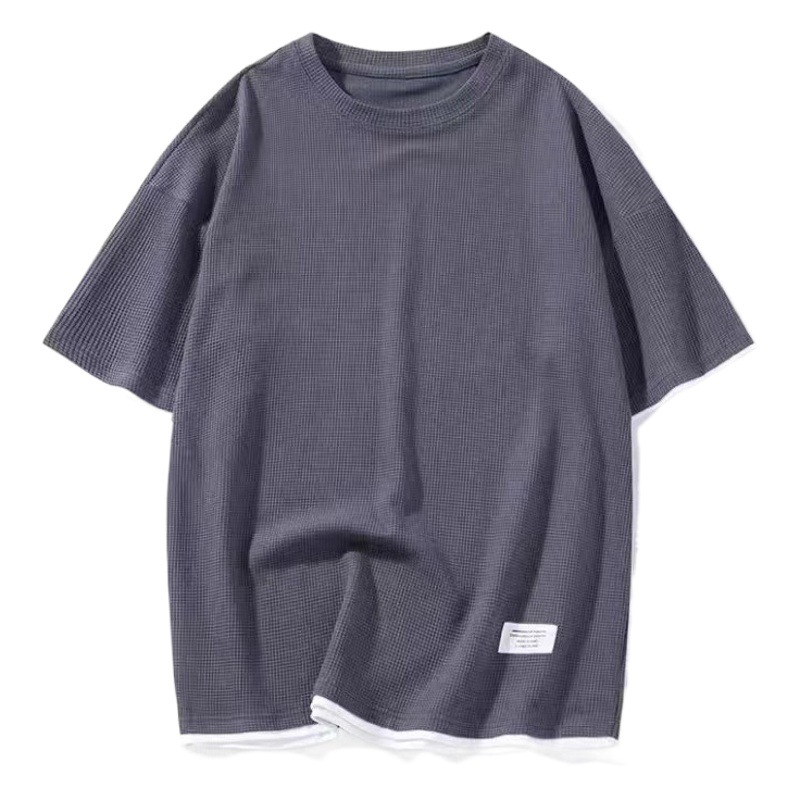 Camisa menos ropa waffle deportes ocio traje de los hombres en stock al por mayor Hong Kong estilo suelto falso de dos piezas cortos de manga corta