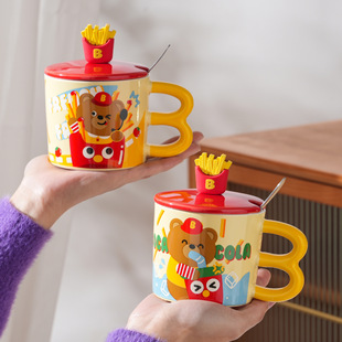 Cute bear French fries mug creative cartoon ceramic cup girl's high-looking water Cup household children's breakfast cup