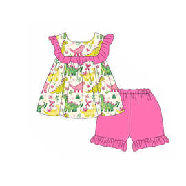 欧美精品店童装外贸批发粉红色恐龙印花女孩可爱动物短裤套装