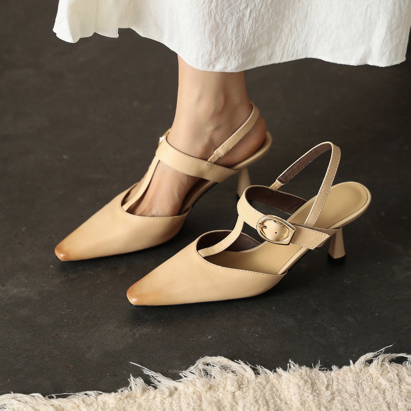 French-Style Red Wedding Shoes with Open Back, Mary Jane High Heels for Women, Summer Genuine Leather Pointed Toe T-Strap Stiletto Sandals French-Style Red Wedding Shoes with Open Back, Mary Jane High Heels for Women, Summer Genuine Leather Pointed Toe T-Strap Stiletto Sandals
