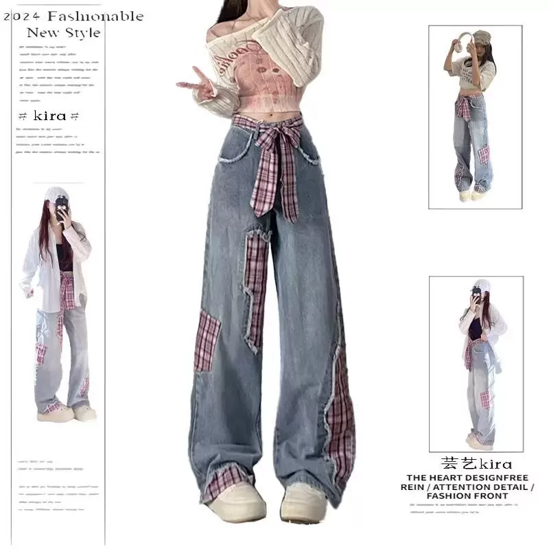 跨境外贸新款复古黑色蝴蝶结绑带格子拼接牛仔裤女秋冬宽松阔腿裤