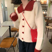 娃娃領毛衣秋冬2022新款小清新撞色設計感愛心扣長袖針織開衫