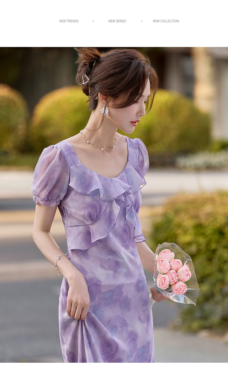 Đầm maxi nữ thắt eo in họa tiết hoa mùa hè tay ngắn — màu tím, Màu hồng chi tiết 27