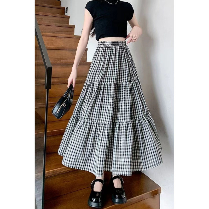 Retro Plaid Cake Skirt for Women Spring and Summer 2025 New Mid-Length Elastic High Waist