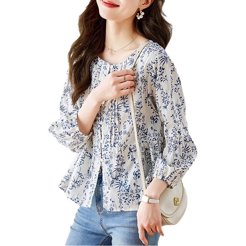Directo de fábrica azul pequeña flor Camisa de algodón de las mujeres de manga tres cuartos verano nuevo floral elegante camisa joven top