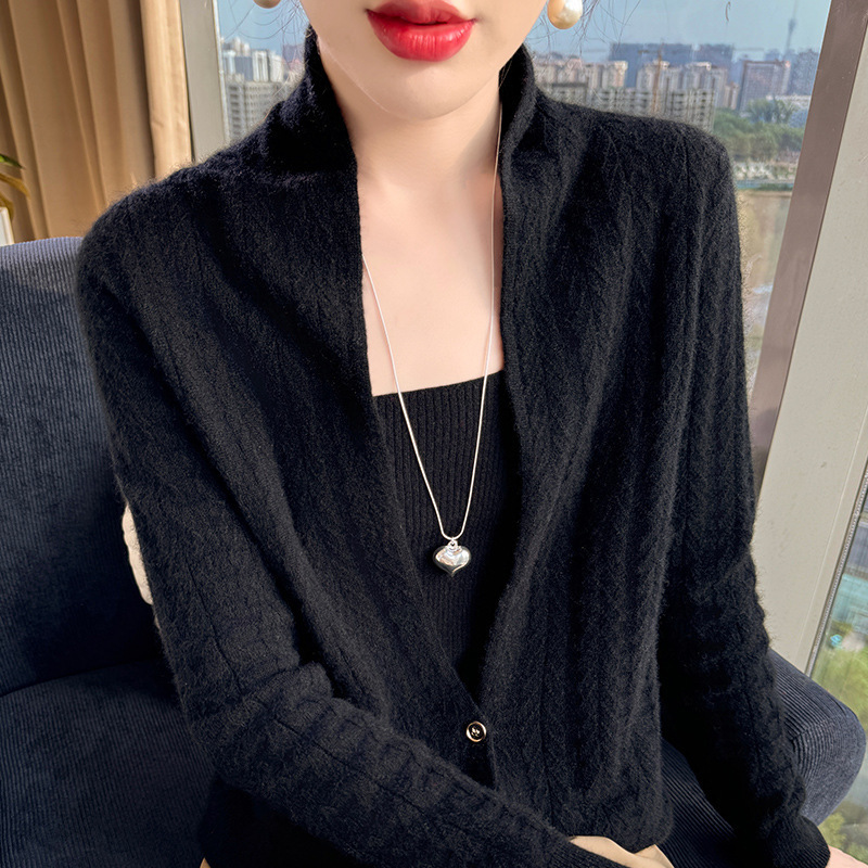新款秋冬围巾领修身100羊毛开衫女V领上衣针织衫毛衣羊绒时尚外搭|undefined