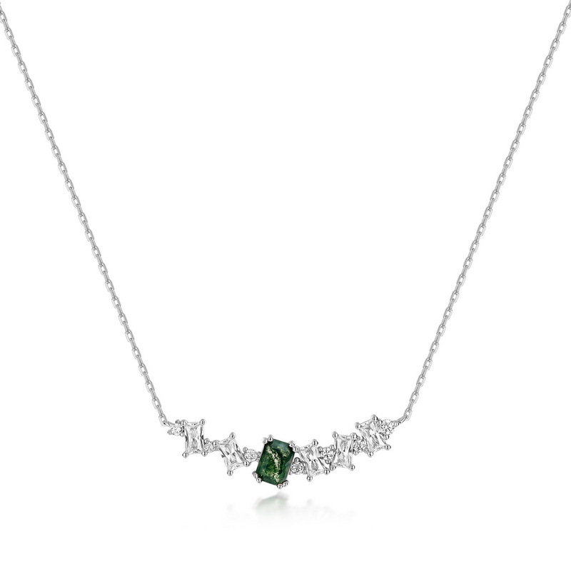Transfronterizo personalizado al por mayor S925 plata verde musgo piedra collar mujer agua hierba ágata cadena de clavícula luz lujo estilo europeo y americano